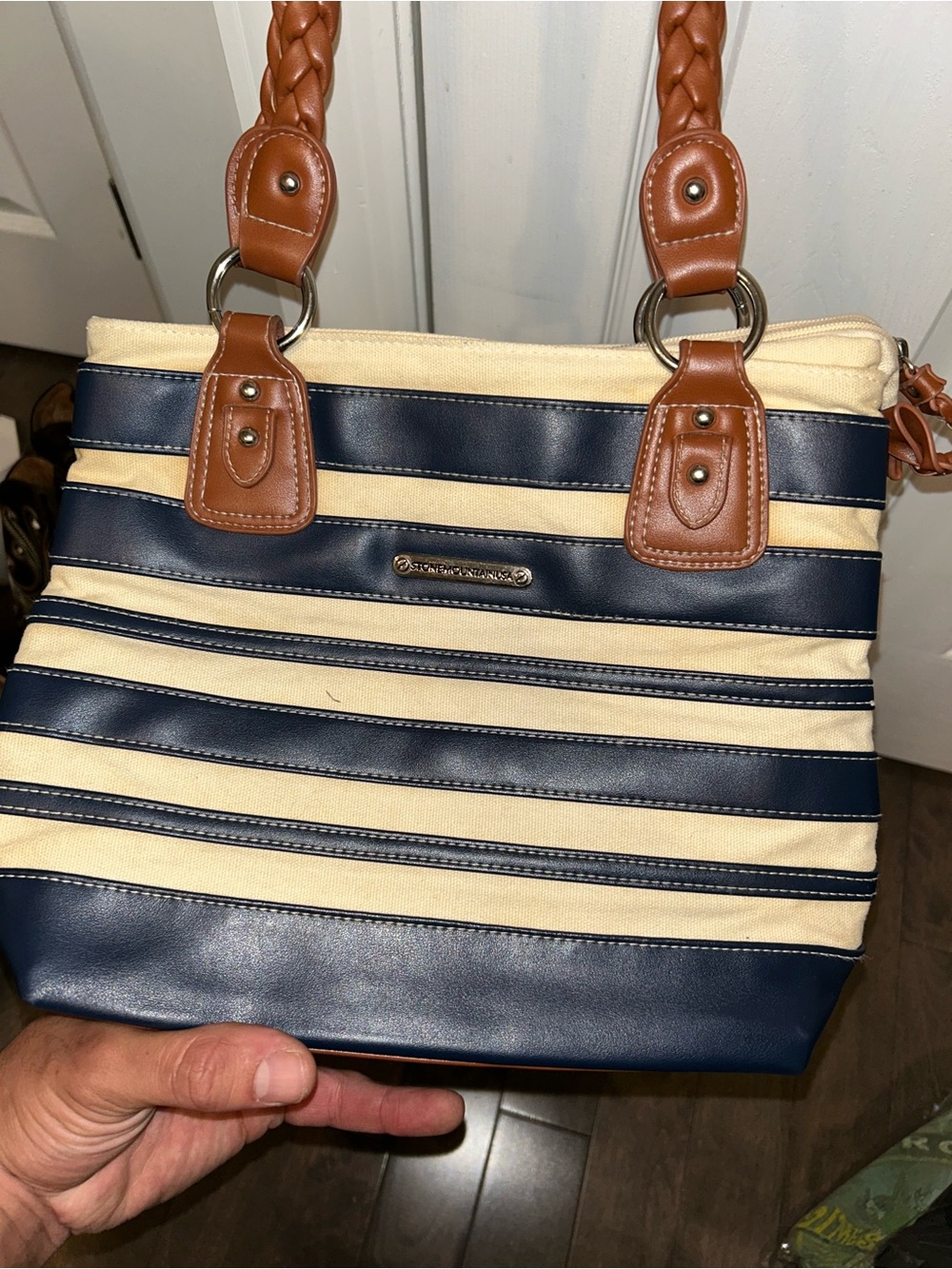 Stone Mountain Navy & Cream Striped Tote with Brown Trim